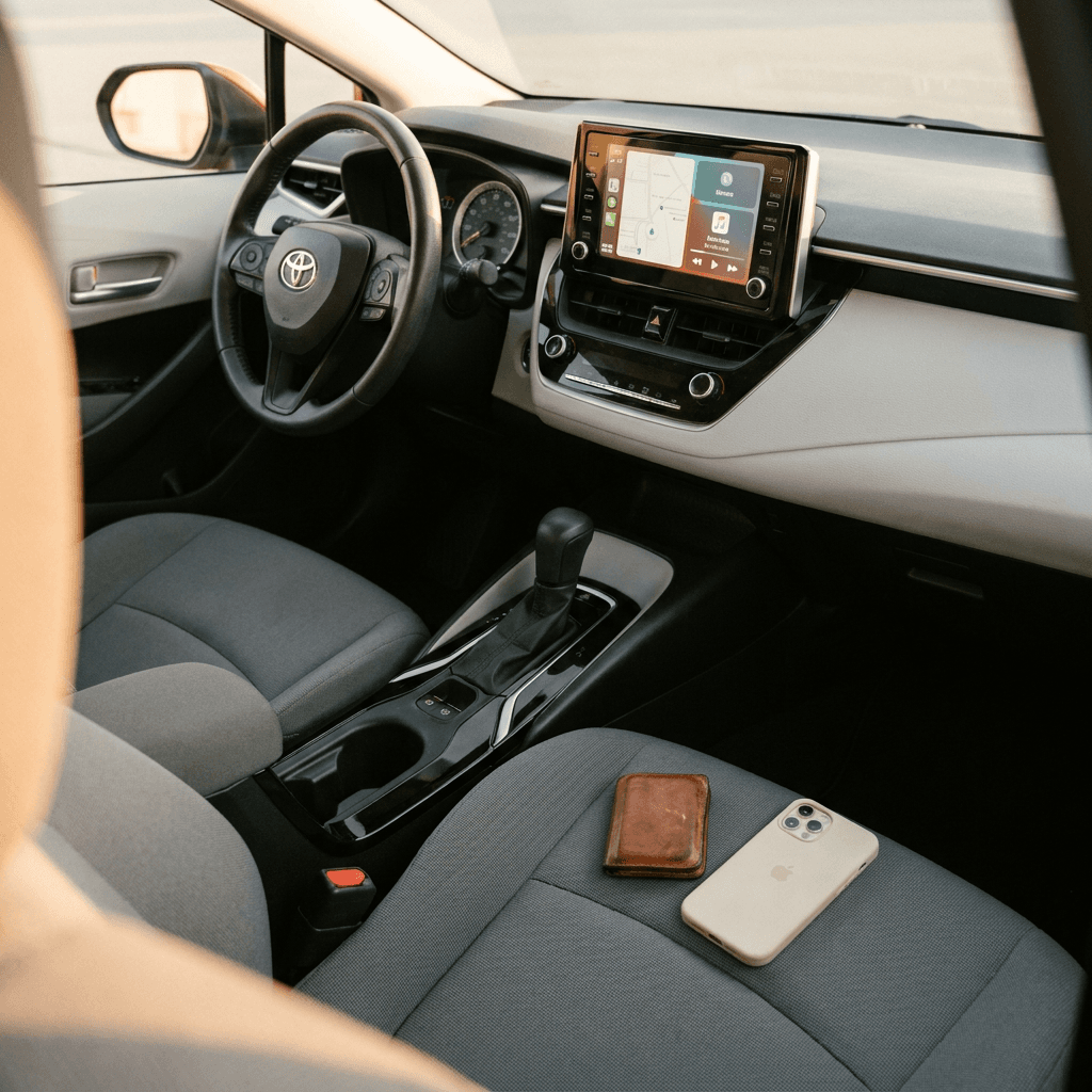 The dashboard and interior of a well-kept rental fleet vehicle