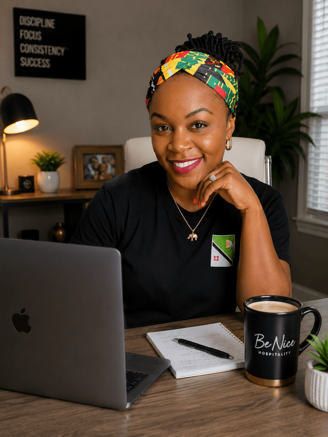 Della Henry at her desk with a laptop, a notebook, and a Be Nice mug