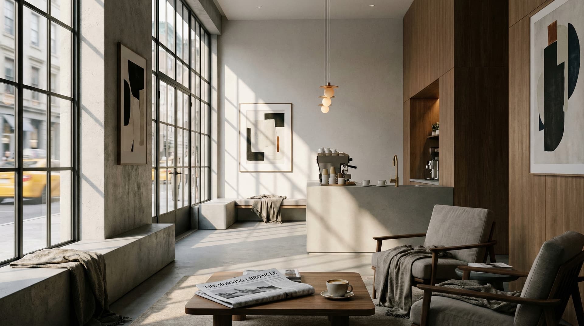 Independent boutique hotel exterior in warm light