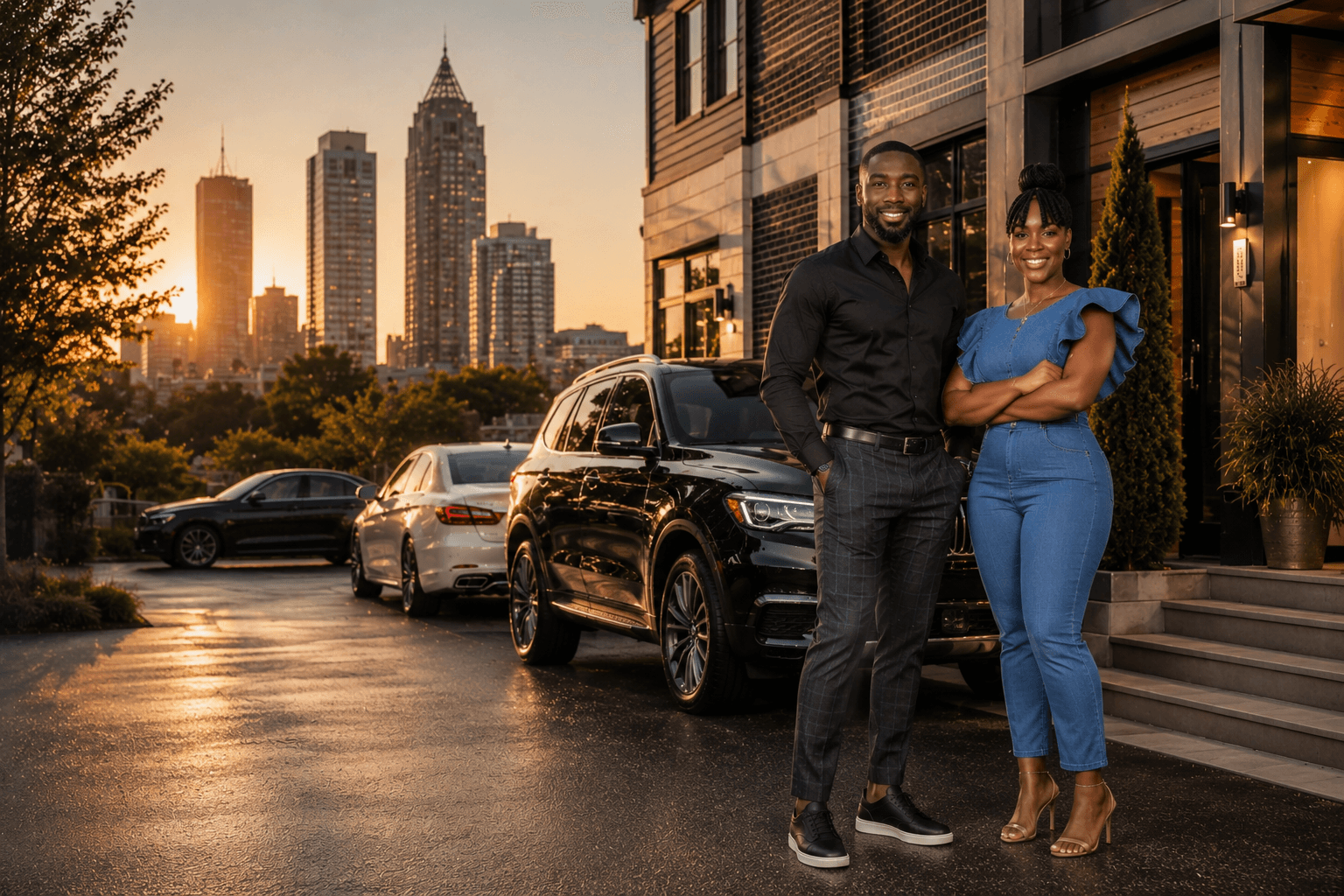 Della and Alex Henry in front of the Atlanta skyline at golden hour