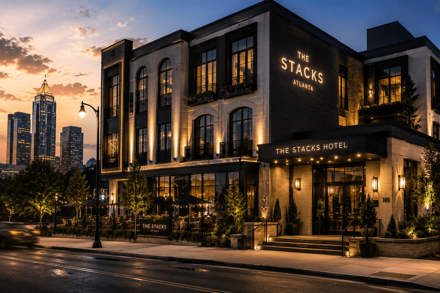 Boutique hotel exterior at dusk