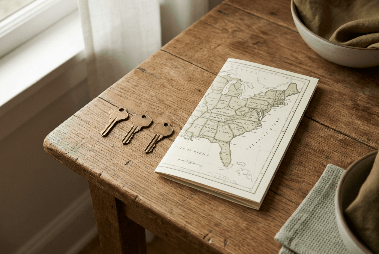 3 brass keys on a wooden surface beside a folded map