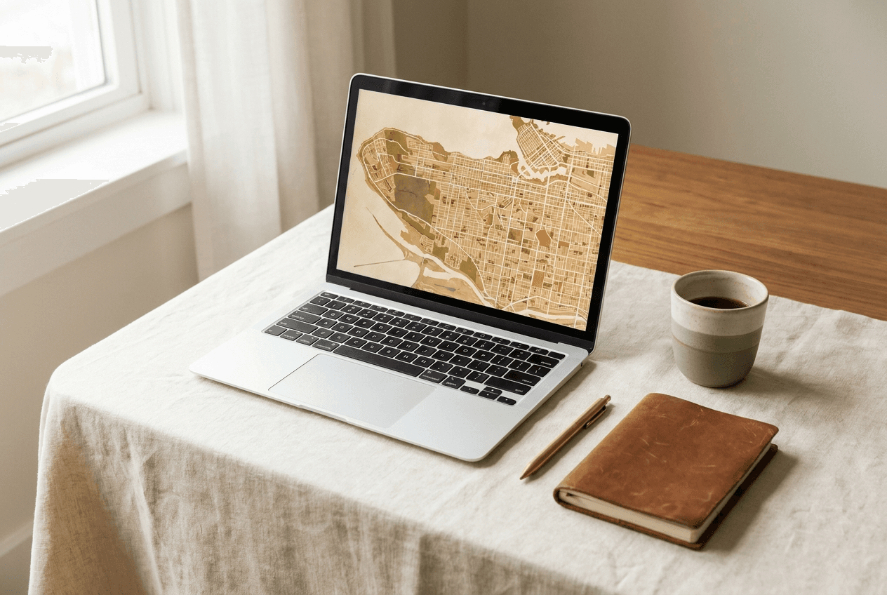 Laptop on a linen desk showing a stylized city map