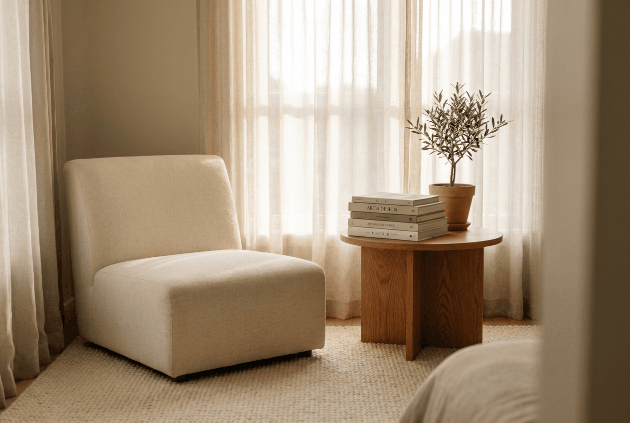 Linen armchair reading nook with stacked books and an olive plant