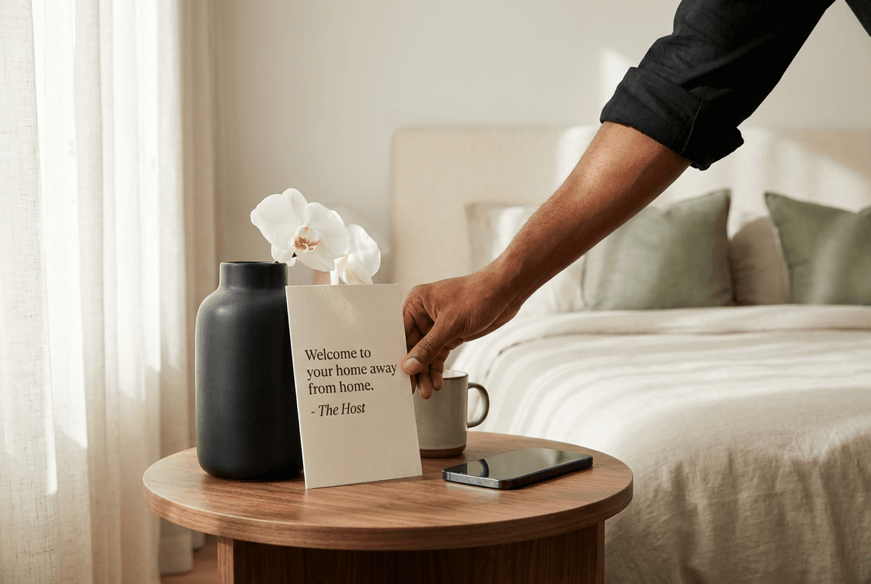 Handwritten welcome card propped against a vase of fresh herbs on a bedside table