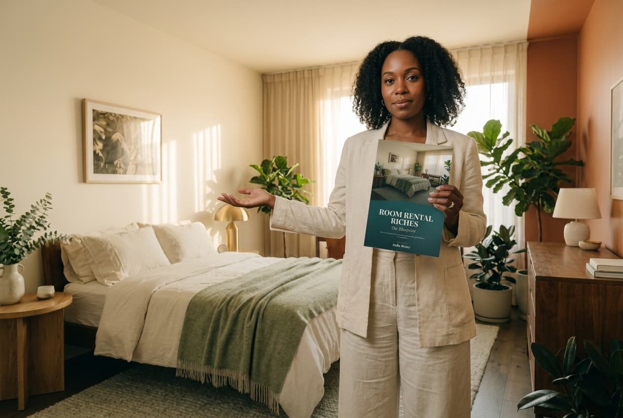 A co-living operator reading the Room Rental Riches book while walking through a well-designed room