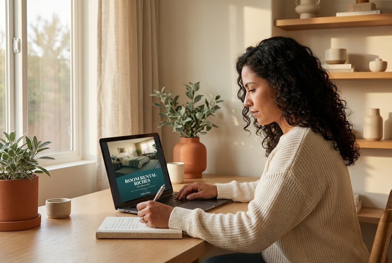 A student working through the course on a laptop at a home desk